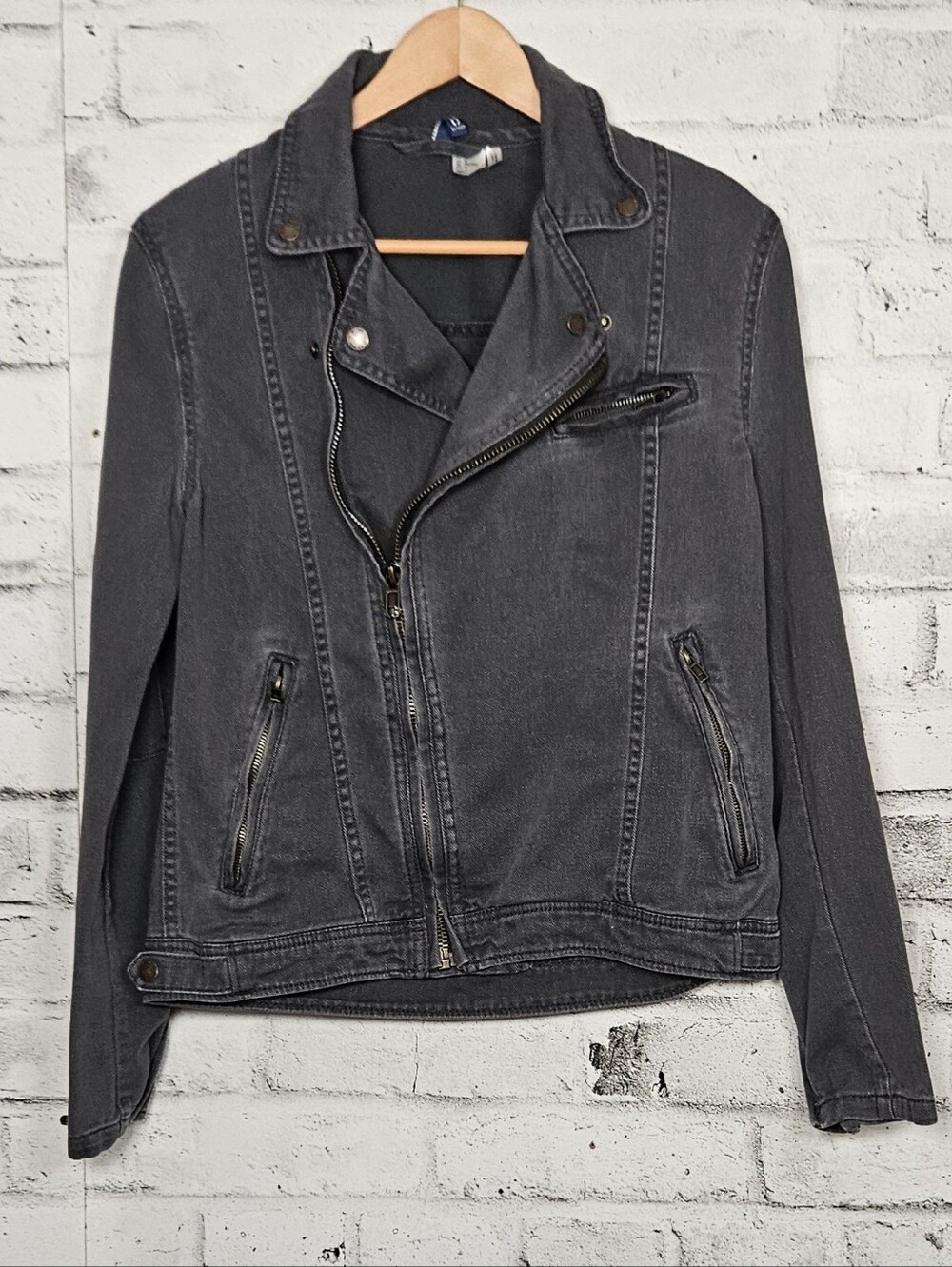 H&M Divided Gray Moto Denim Jacket Medium Asymmetrical Zip Biker